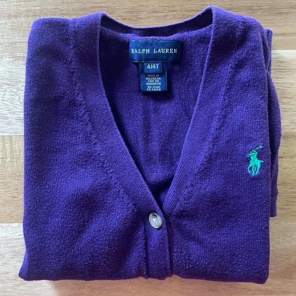 Ralph Lauren Purple Button Sweater Cardigan with Pockets, Size 4/4T - Picture 1 of 4